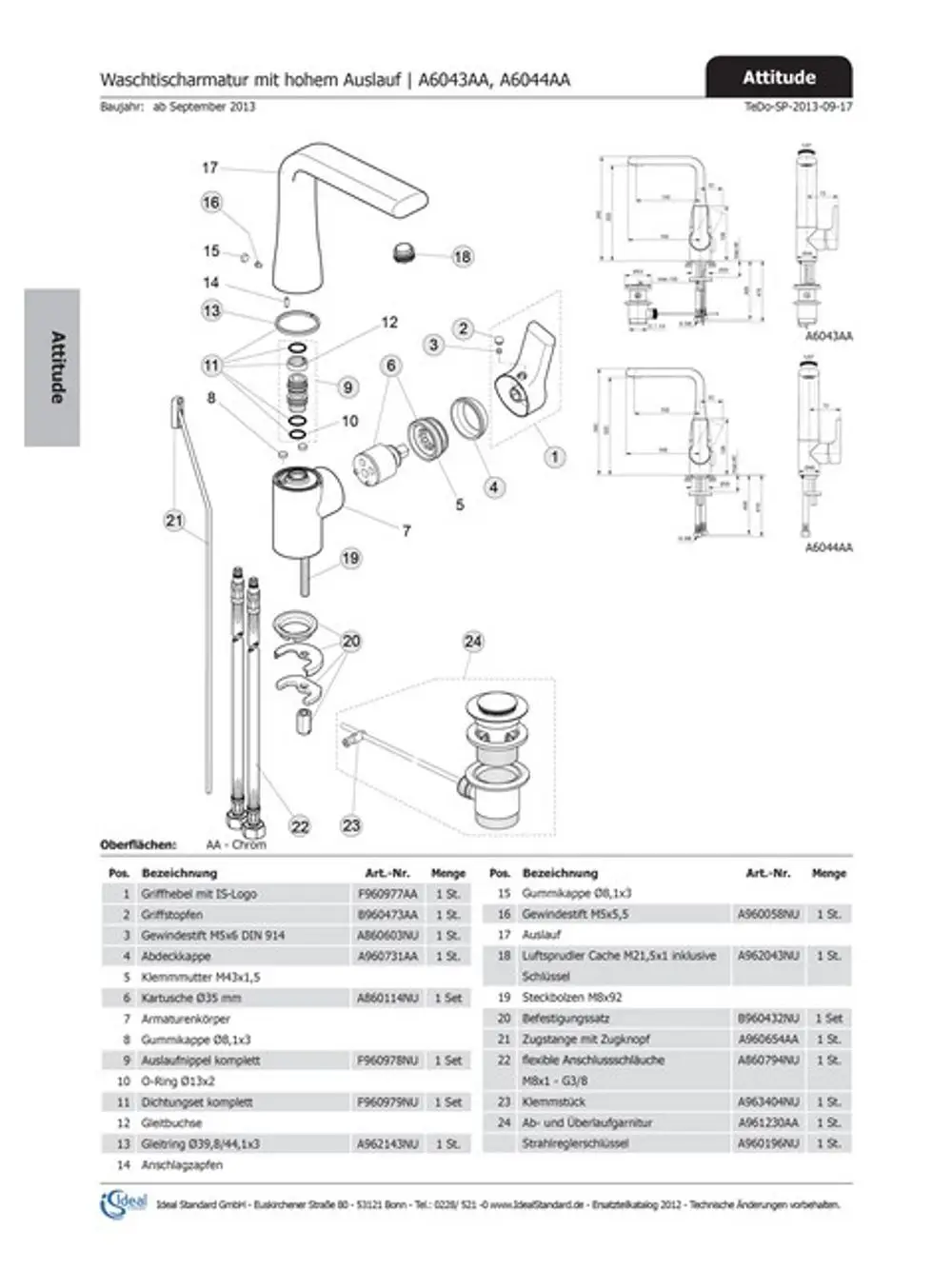 Explosionszeichnung einer Waschtischarmatur von Ideal Standard. Einzelteile wie Auslauf, Griff und Dichtungen schematisch dargestellt, inklusive Artikelnummern und Mengenangaben.